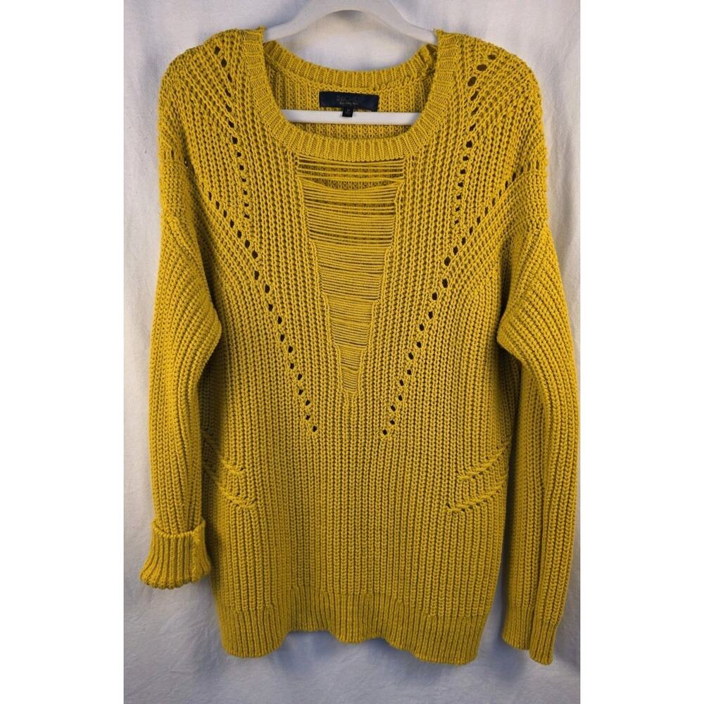 Rachel Roy Women's Medium Cable Knit Sweater Mustard Yellow Crew Neck Pullover
